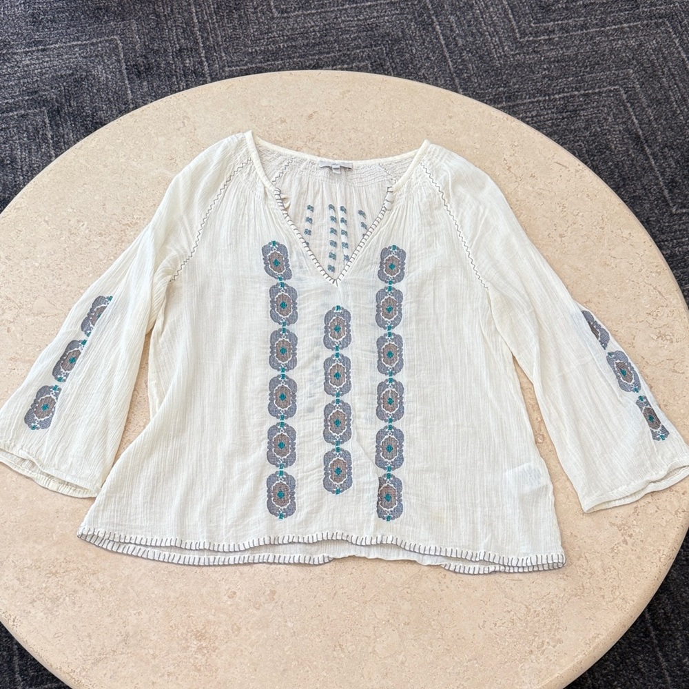 Joie Cream Blouse with Gray & Blue Embroidery